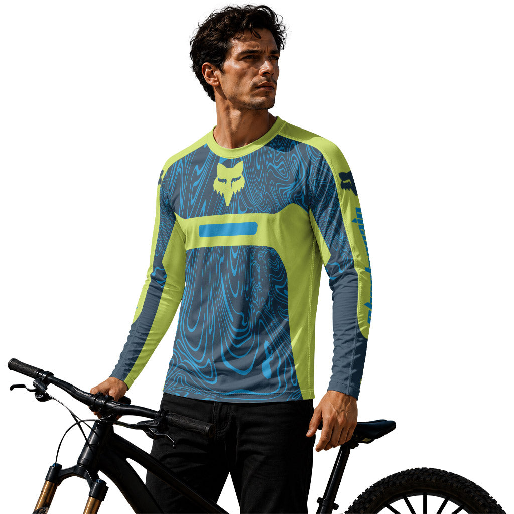 Fox Racing Green Blue Topographic Long Sleeve Mountain Bike Jersey