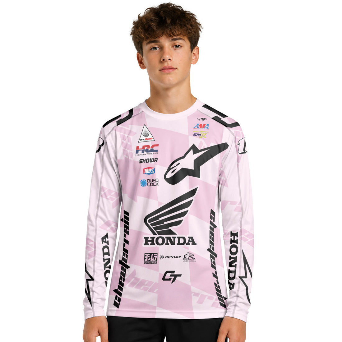 Jett Lawrence 18 Pink Racing Flag Youth Long Sleeve Motocross Jersey