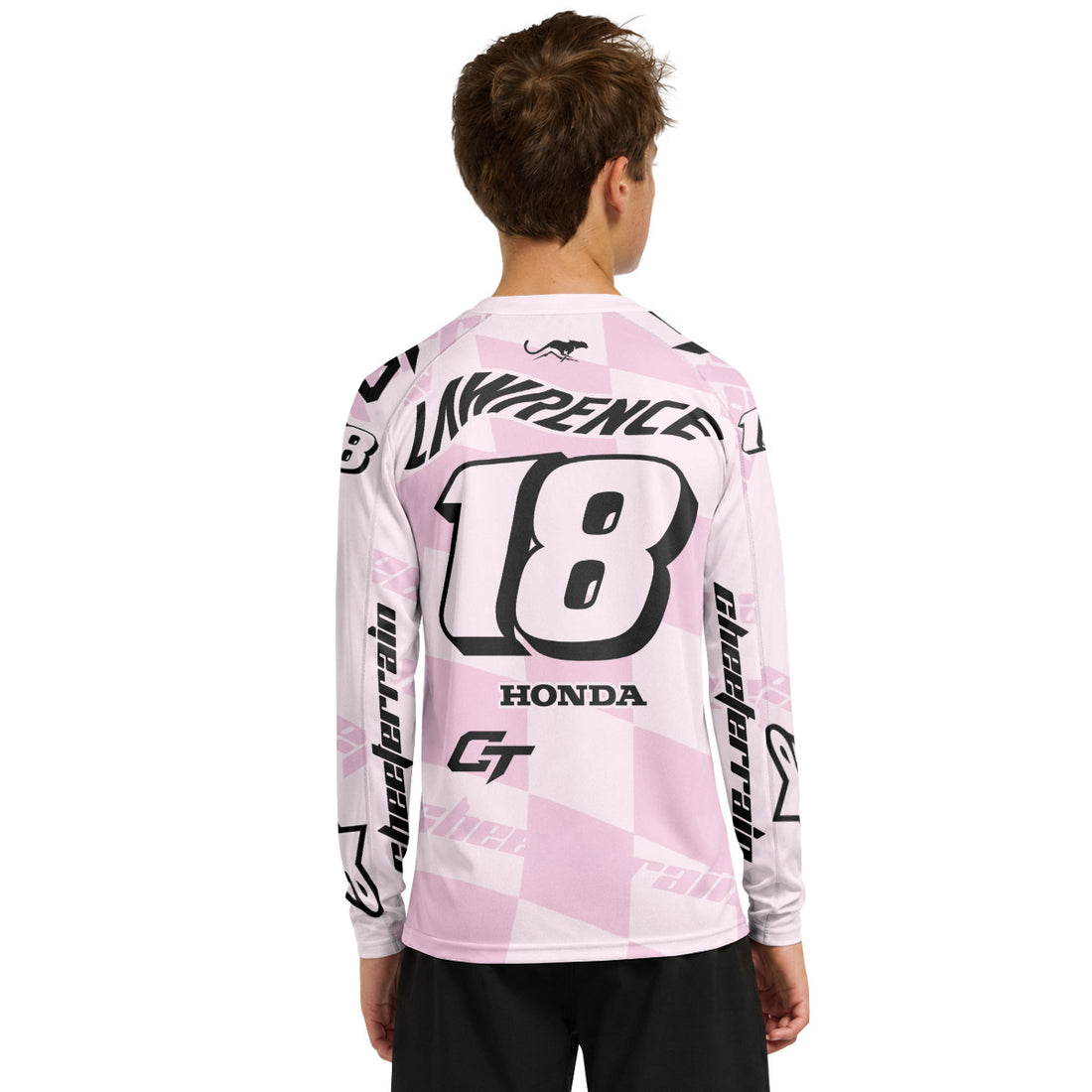 Jett Lawrence 18 Pink Racing Flag Youth Long Sleeve Motocross Jersey