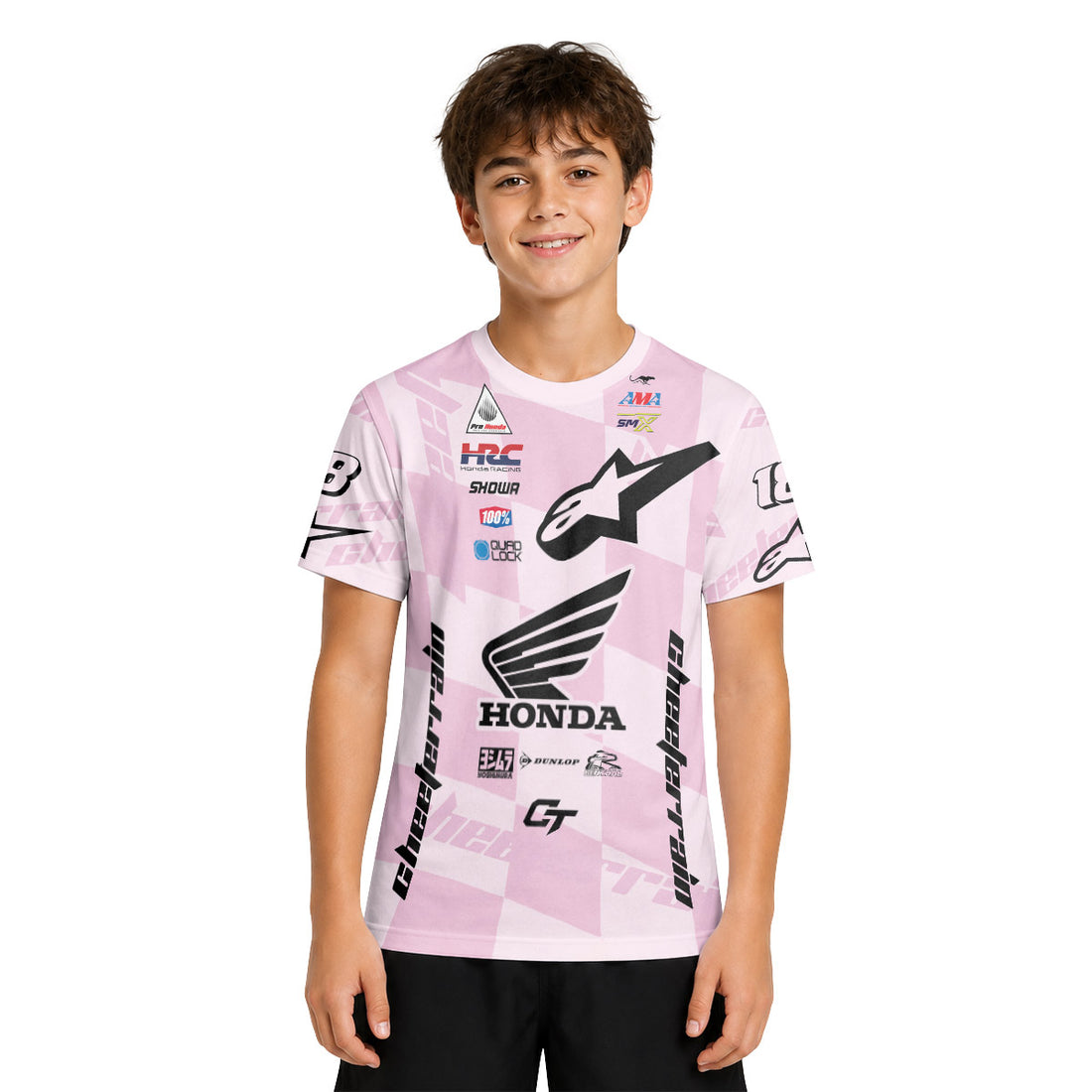 Jett Lawrence 18 Pink Racing Flag Youth Short Sleeve Motocross Jersey