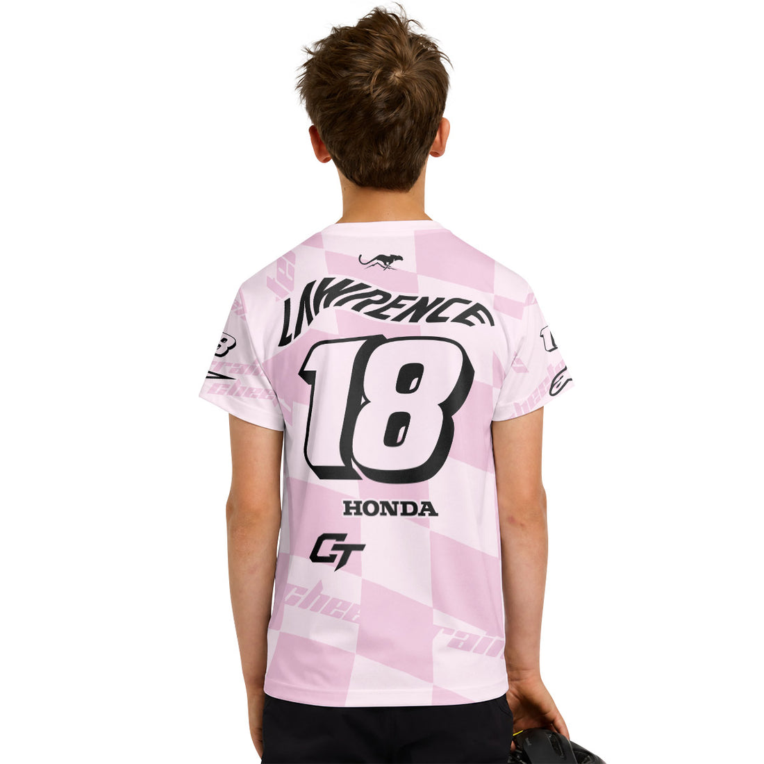 Jett Lawrence 18 Pink Racing Flag Youth Short Sleeve Motocross Jersey