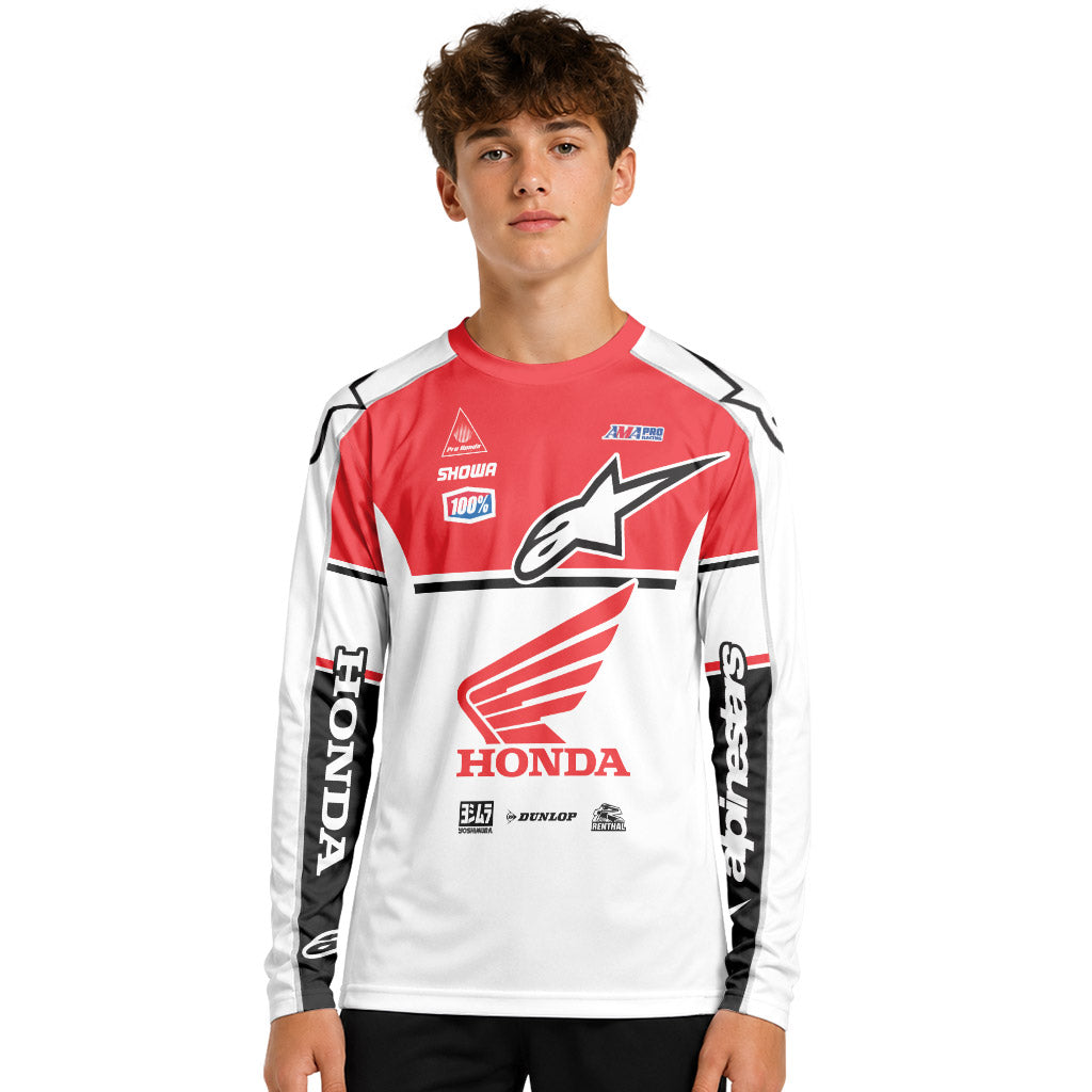 Jett Lawrence 41 Honda White Red Youth Long Sleeve Motocross Jersey