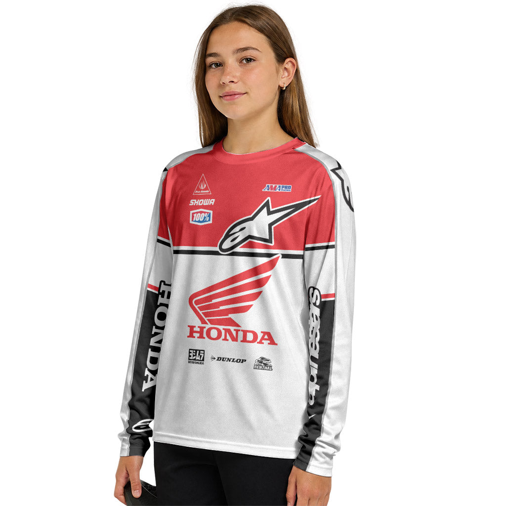 Jett Lawrence 41 Honda White Red Youth Long Sleeve Motocross Jersey