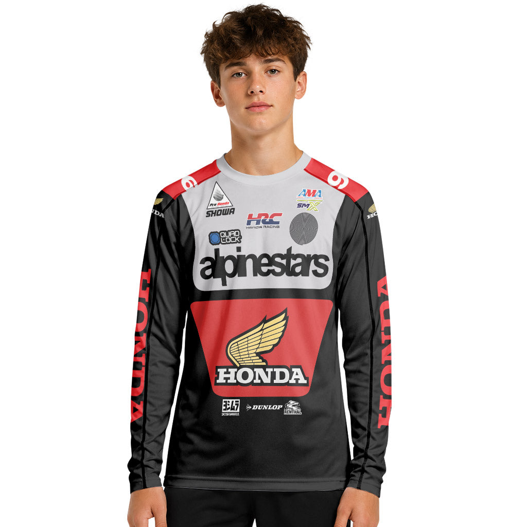 Jett Lawrence 96 Honda Black White Youth Long Sleeve Motocross Jersey