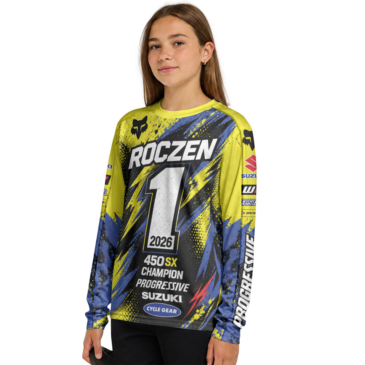 Ken Roczen 01 Yellow Lightning Youth Long Sleeve Motocross Jersey