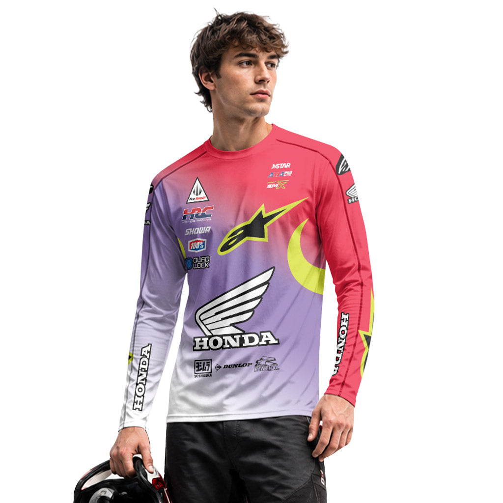 Personalized Honda 18 Purple Red Long Sleeve Motocross Jersey