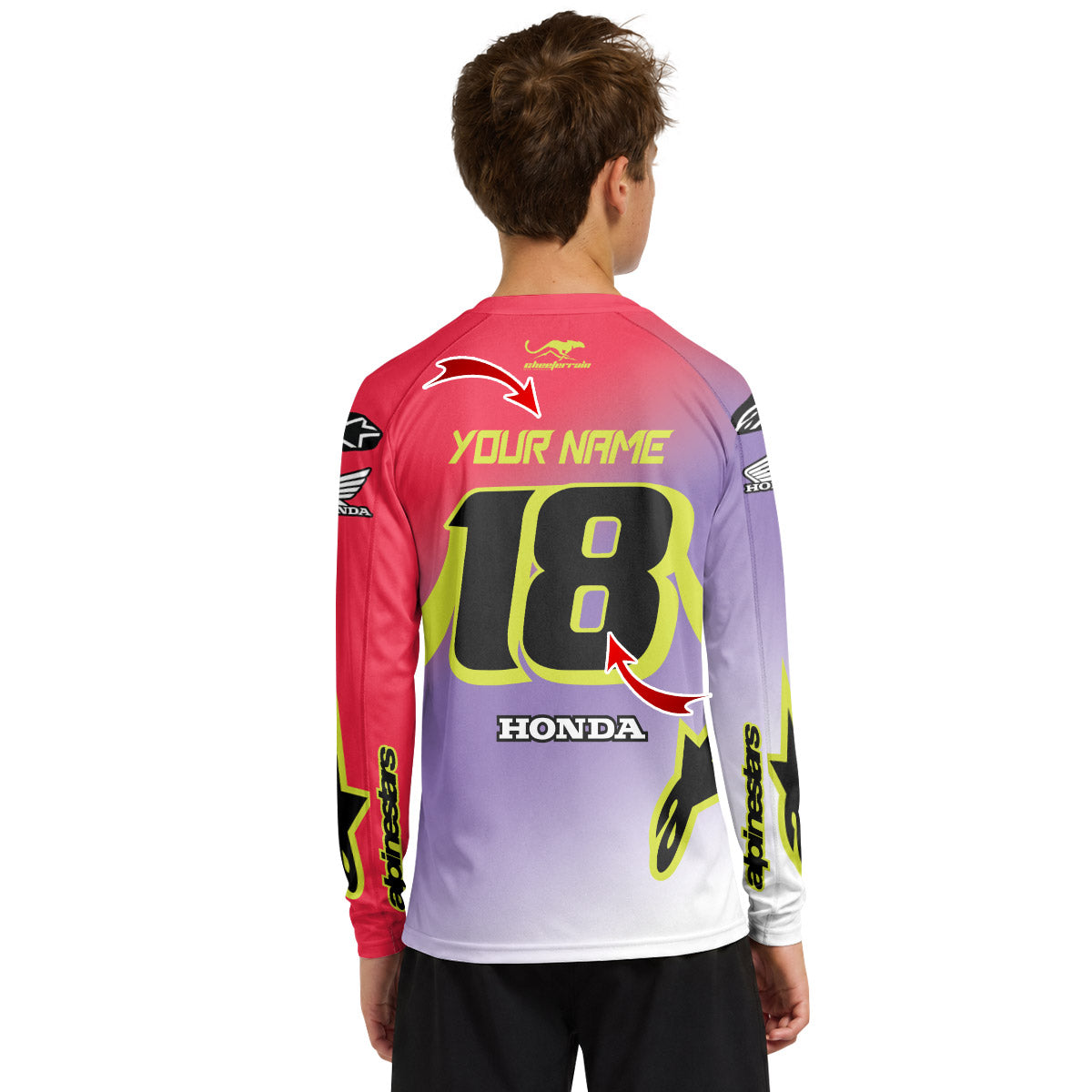 Personalized Honda 18 Purple Red Youth Long Sleeve Motocross Jersey