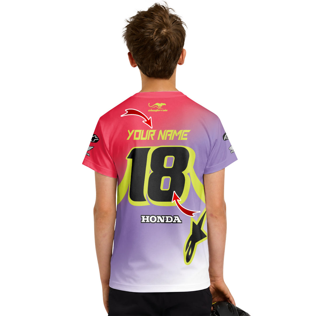 Personalized Honda 18 Purple Red Youth Short Sleeve Motocross Jersey