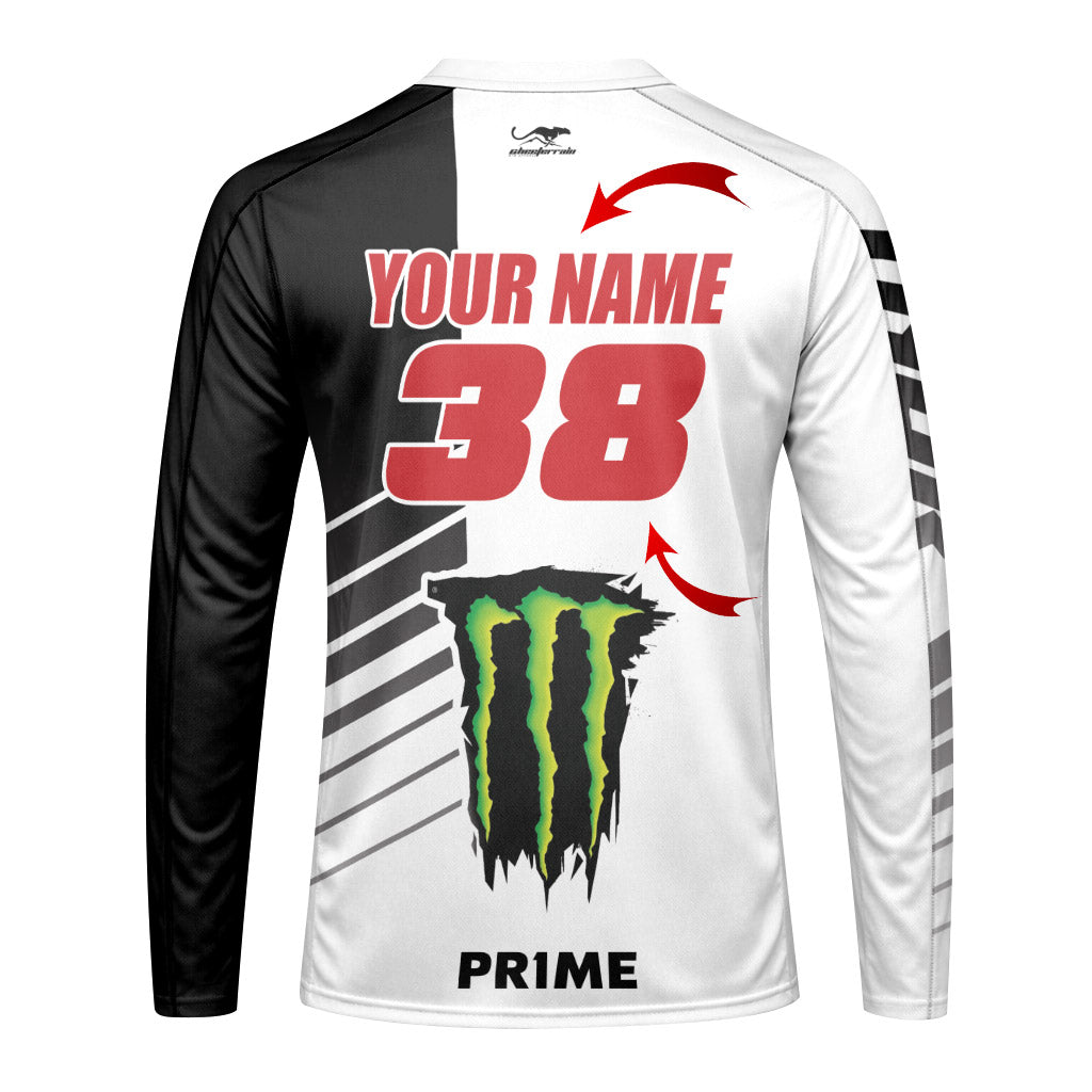 Personalized Monster 38 Black White Long Sleeve Motocross Jersey