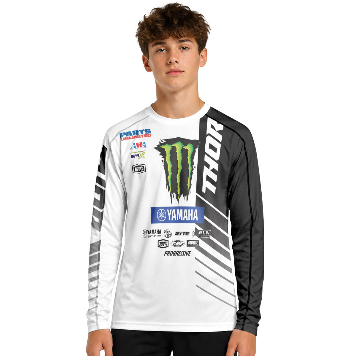 Personalized Monster 38 Black White Youth Long Sleeve Motocross Jersey