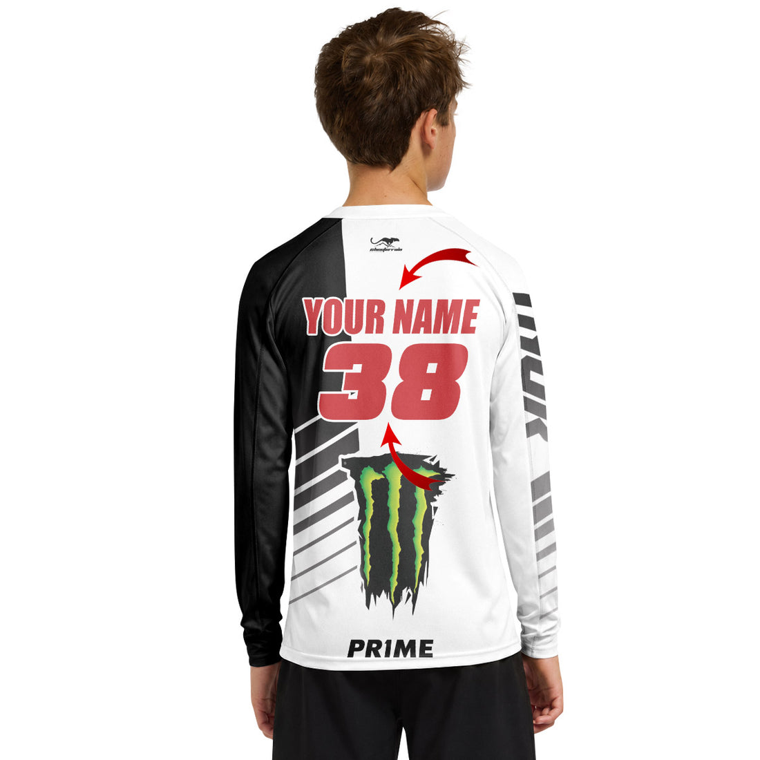 Personalized Monster 38 Black White Youth Long Sleeve Motocross Jersey