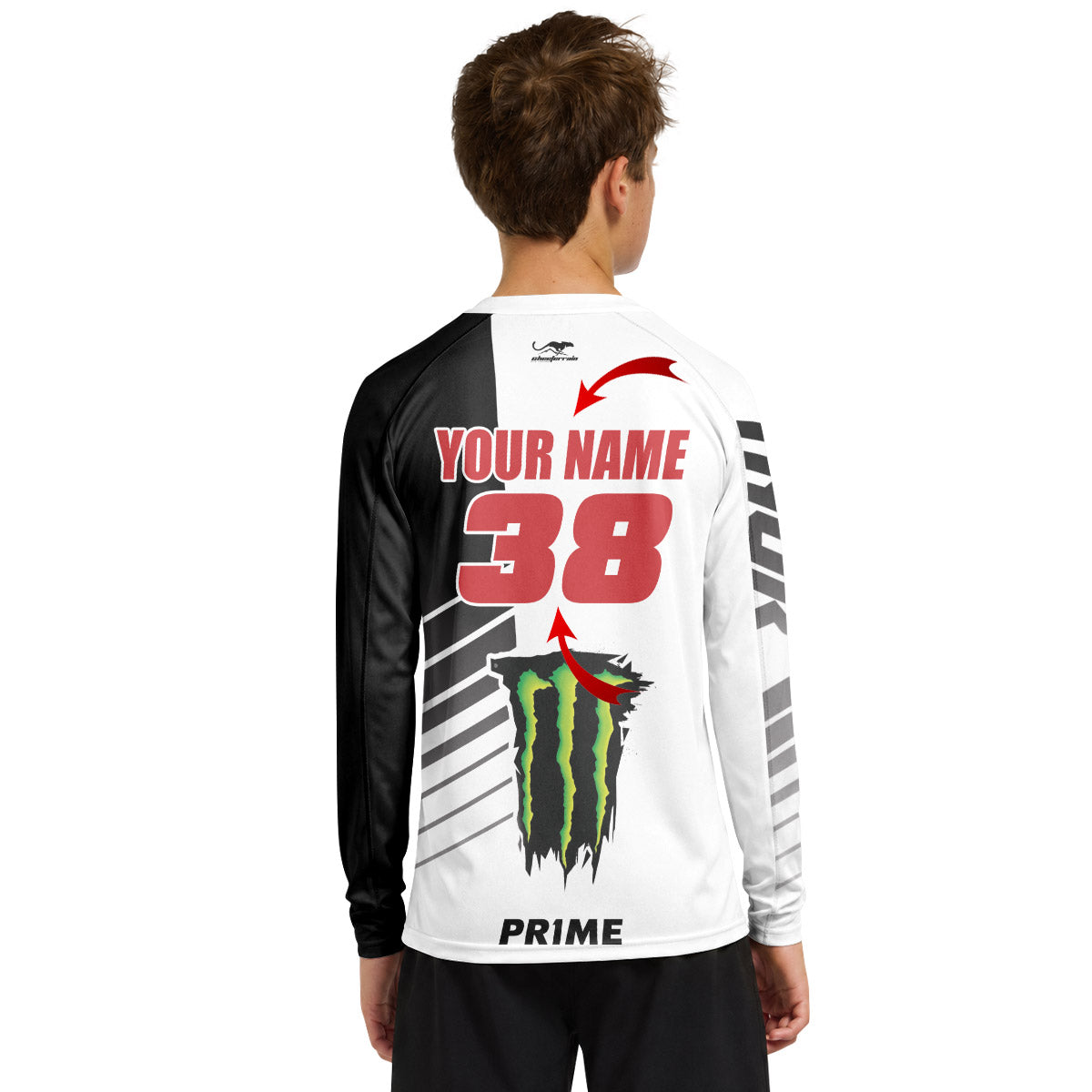 Personalized Monster 38 Black White Youth Long Sleeve Motocross Jersey