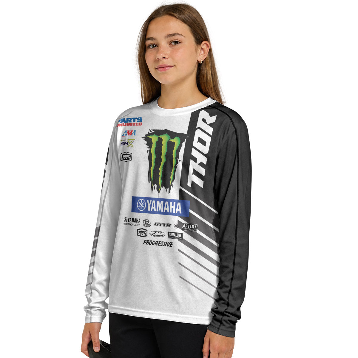 Personalized Monster 38 Black White Youth Long Sleeve Motocross Jersey
