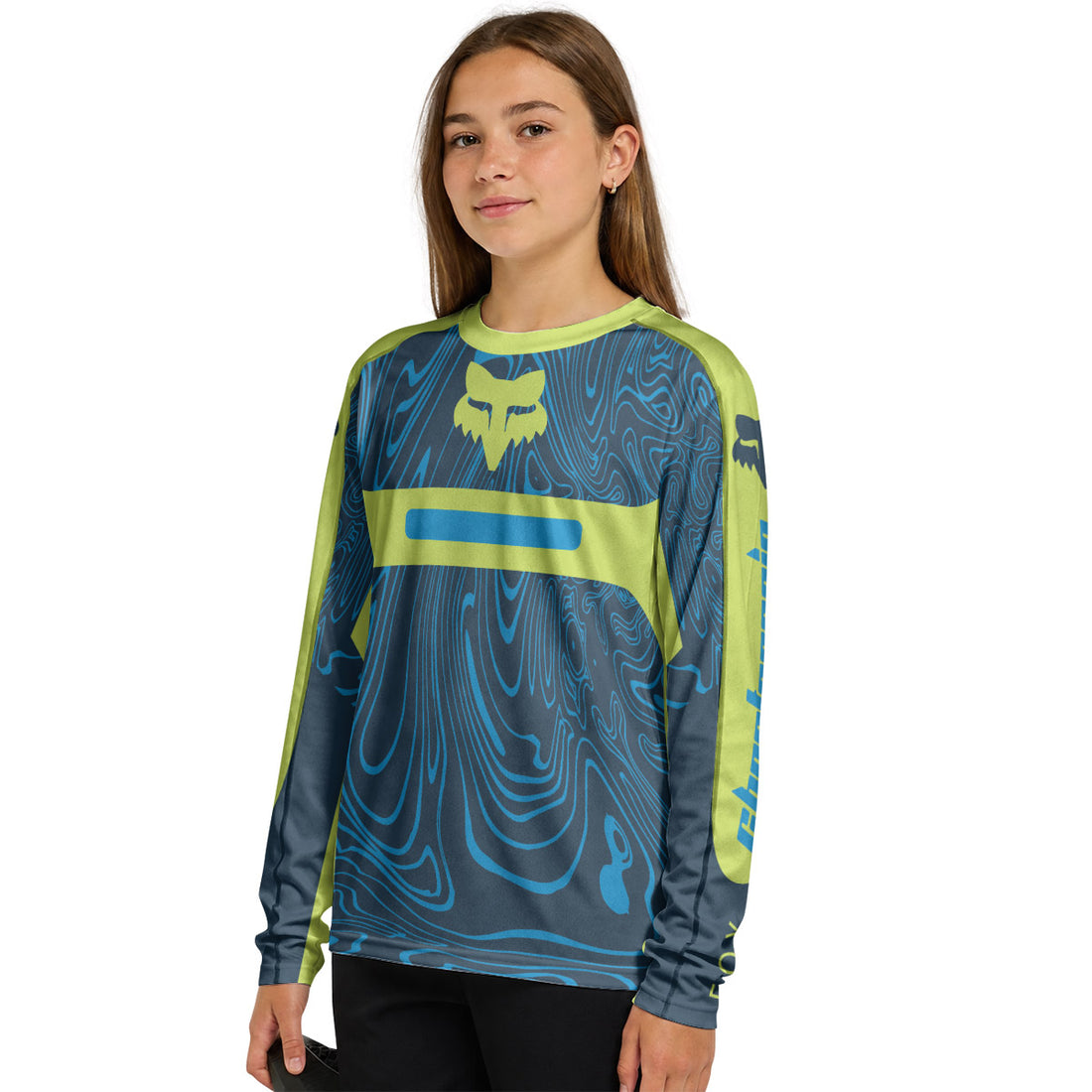 Fox Racing Green Blue Topographic Youth Long Sleeve Mountain Bike Jersey