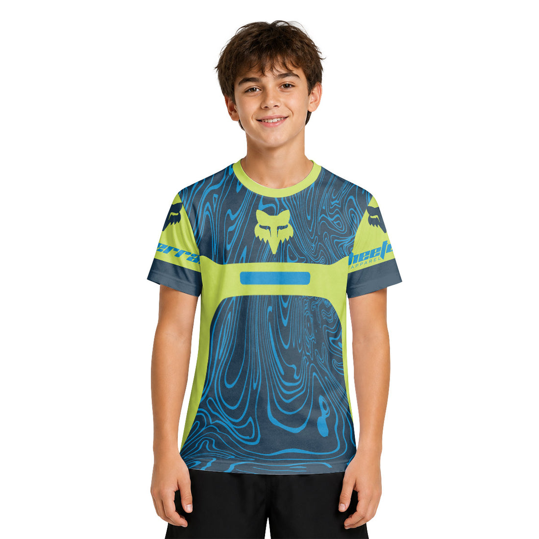 Fox Racing Green Blue Topographic Youth Short Sleeve Mountain Bike Jersey