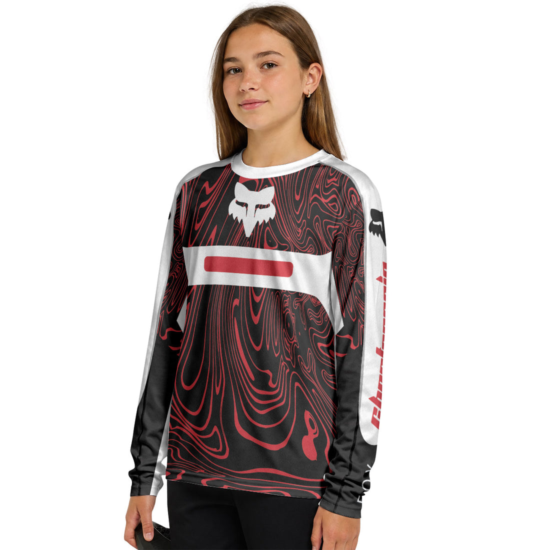 Fox Racing Red White Topographic Youth Long Sleeve Mountain Bike Jersey