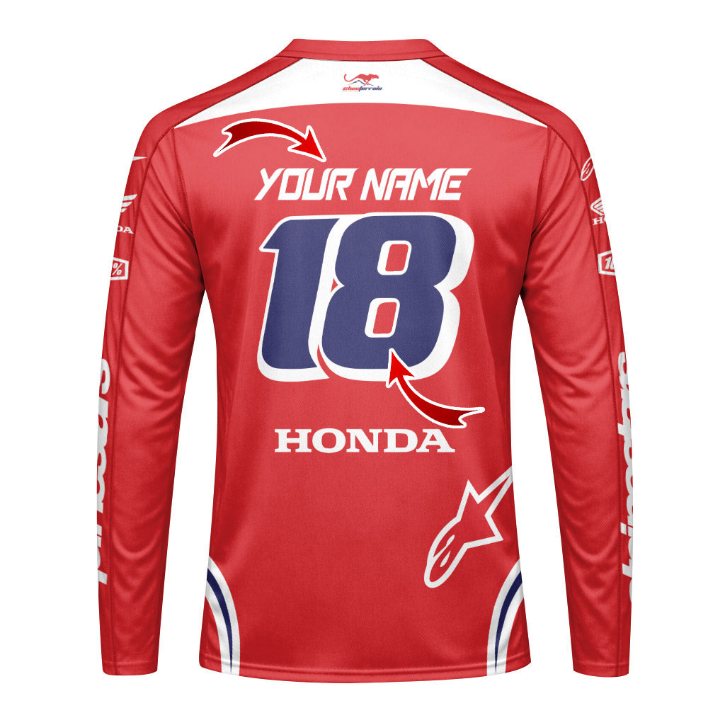 Personalized Honda 18 Red Long Sleeve Motocross Jersey