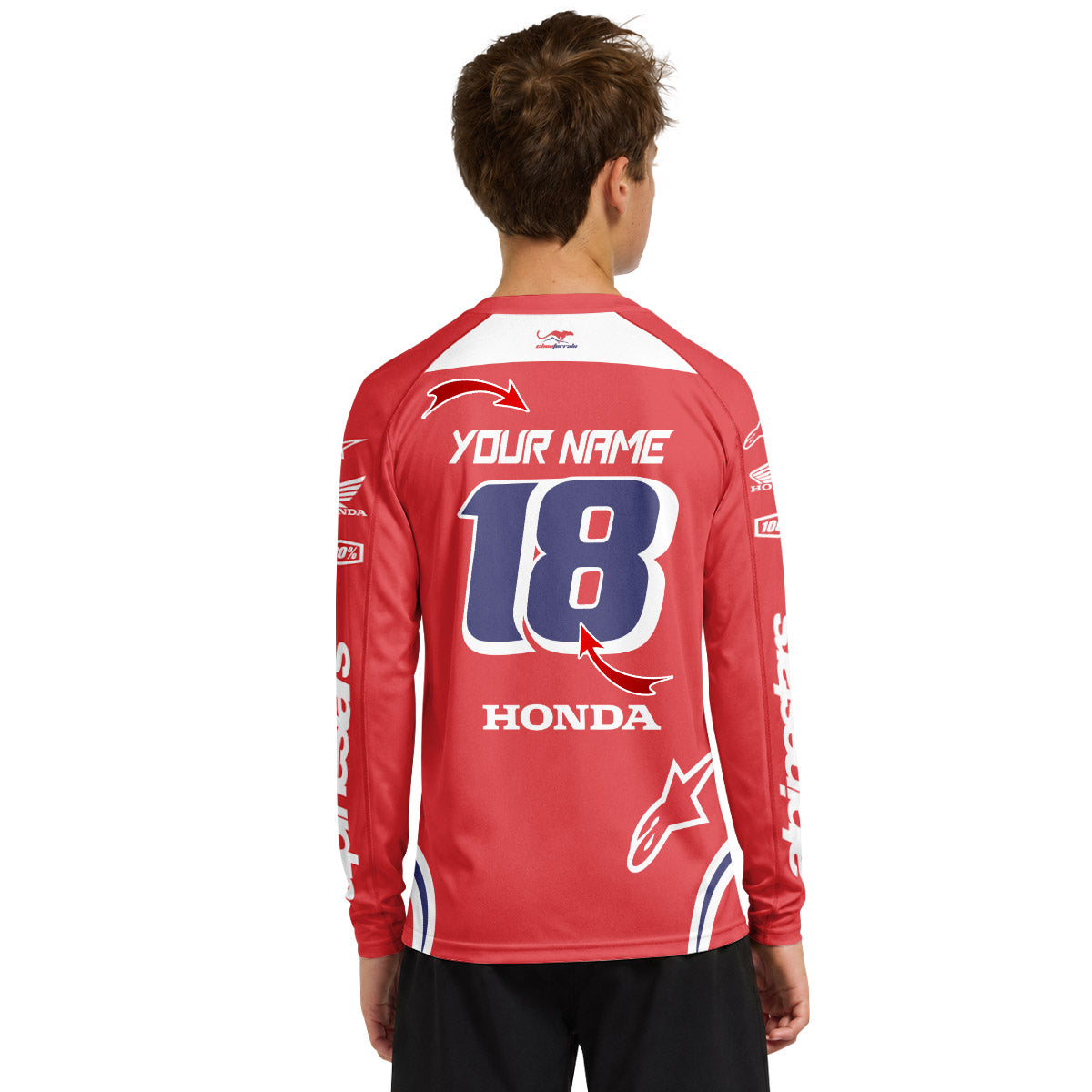 Personalized Honda 18 Red Youth Long Sleeve Motocross Jersey