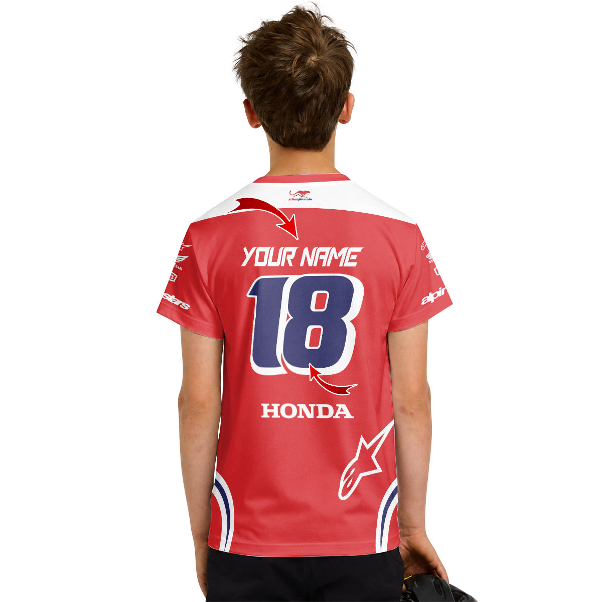 Personalized Honda 18 Red Youth Short Sleeve Motocross Jersey